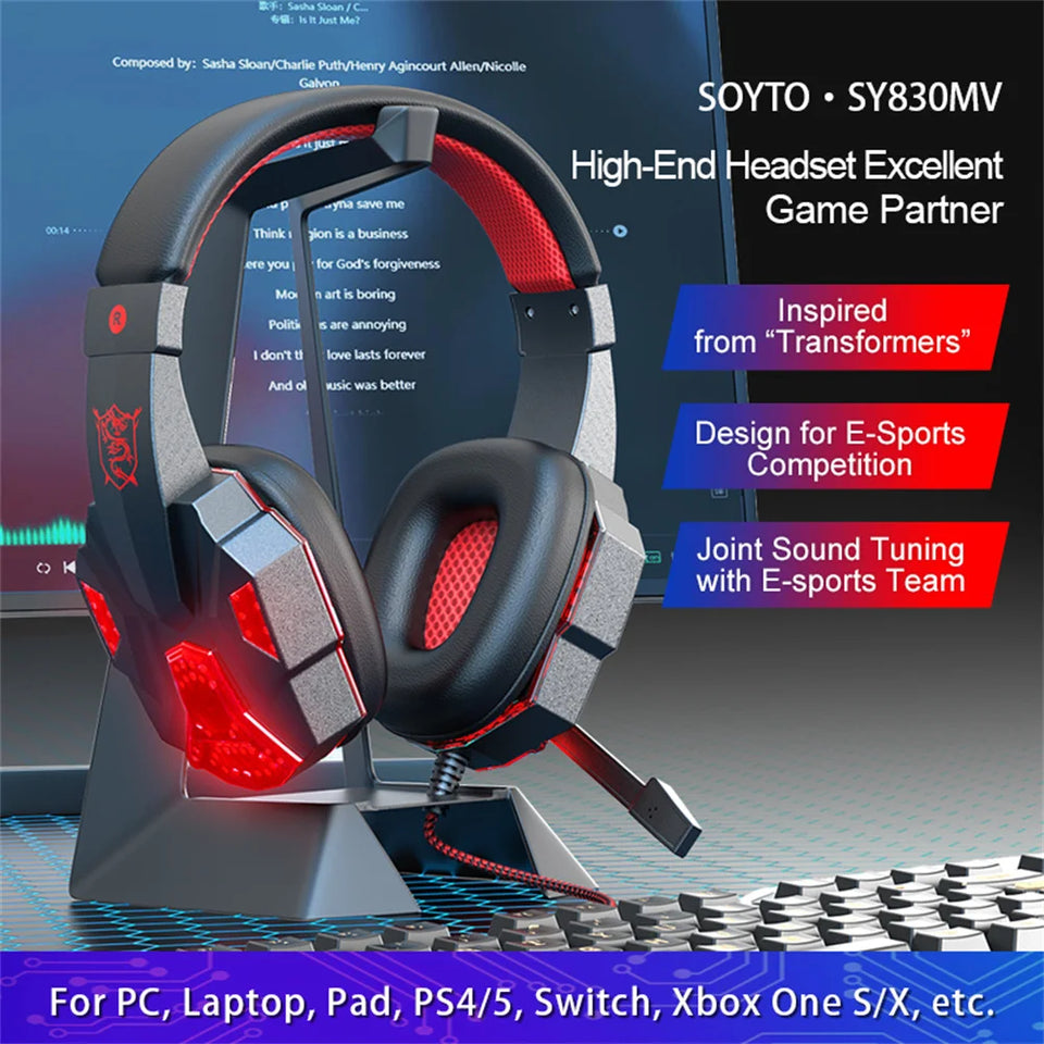 SY830MV Wired Headset Noise Canceling Stereo Over Ear Headphones With Cool LED Lighting For Cell Phone Gaming Computer Laptop