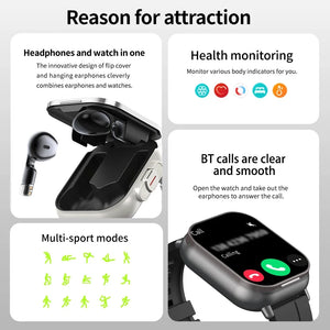 2" Headset 2 in 1 Smart Watch BT Call Bluetooth Headphones Watches Heart Rate Sport Fitness Bracelet TWS Earphone Smartwatch Men