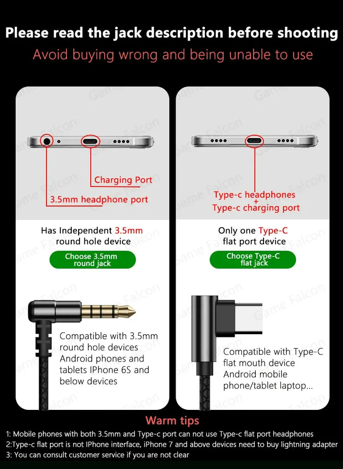 For Samsung 90° Jack Wired Gaming Headset HiFi Surround Sound With Mic Type C 3.5mm Music Headphones For Galaxy S24 23 iPhone 15