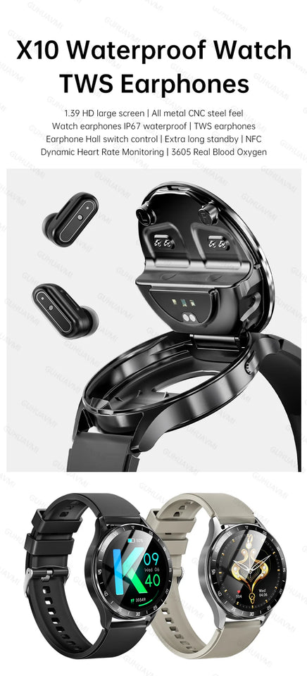 New 1.39" Watch Men 2 In 1 TWS Earphone Smartwatch Sport Music HIFI Stereo Wireless Headset Heartrate Waterproof Smartwatch NFC