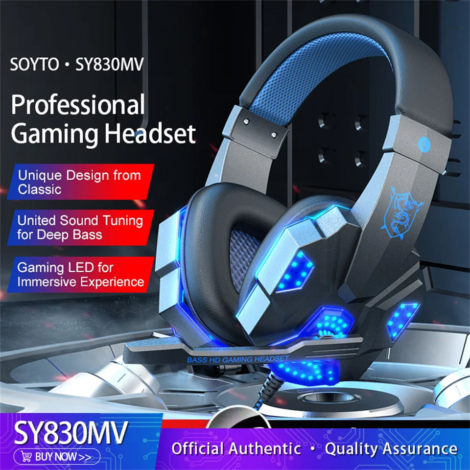 SY830MV Wired Headset Noise Canceling Stereo Over Ear Headphones With Cool LED Lighting For Cell Phone Gaming Computer Laptop