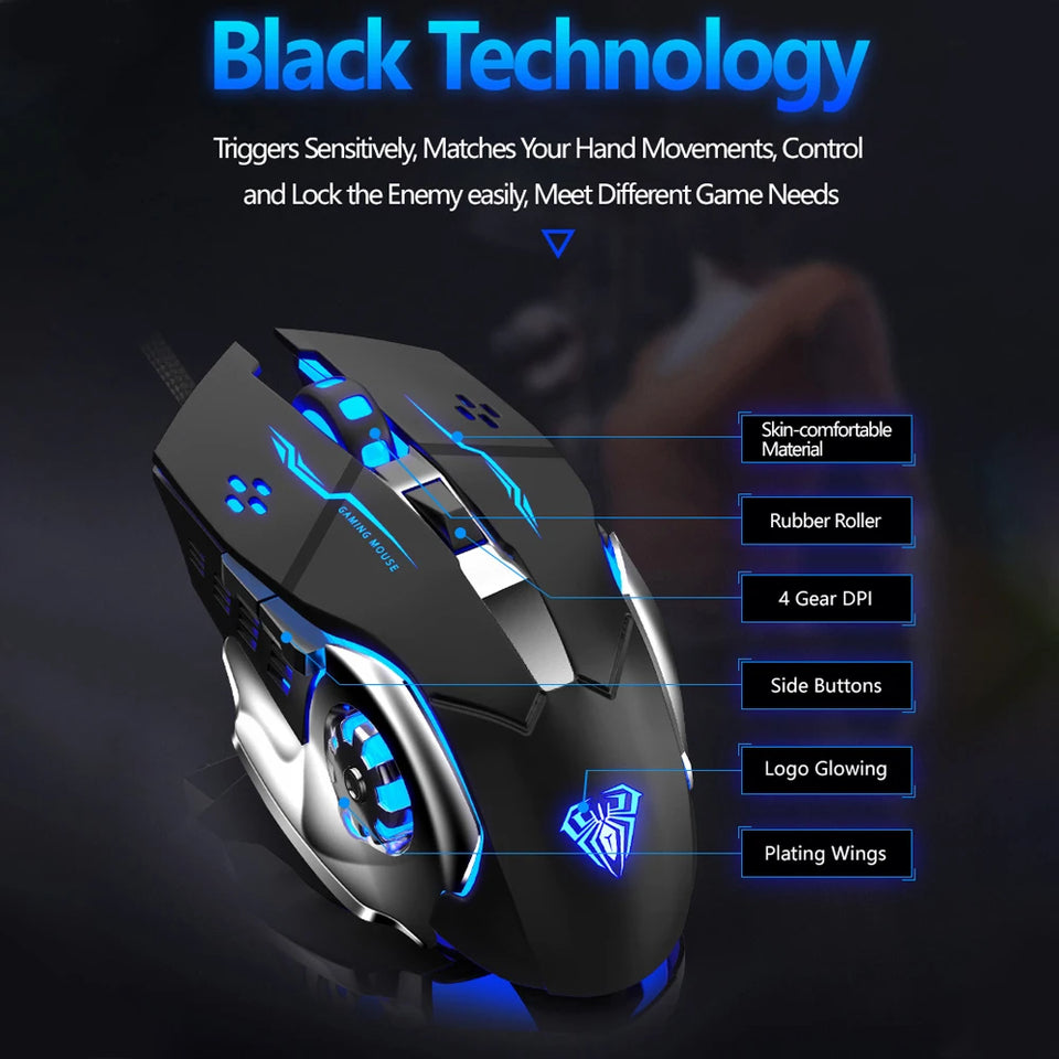 AULA S20 Professional Gaming Mouse 2400 DPI Adjustable USB Wired Backlit Ergonomic Optical LED Mouse for Computer Laptop PC