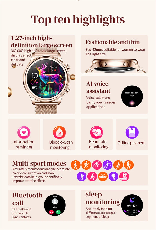 Bluetooth Call Smart Watch Women 1.27 inch 360*360 HD Display Sports Watches For Diamond Strap 2024 New Smart Watch For Xiaomi