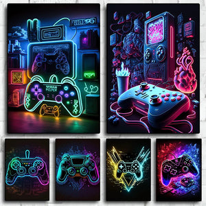 Cool Gaming Wall Art Canvas Painting, Colorful Gamer Controller, Neon Pop Poster and Print, E-sports Room Decor, Gift, No Lights